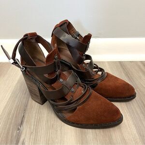 Luxury Rebel Heels Women’s 9 Mandy Brown Leather Strappy Chunky Block Booties